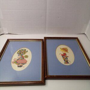 Vintage Girl Boy Patchwork Cross Stitch Framed Pictures Holly Hobbie 80's